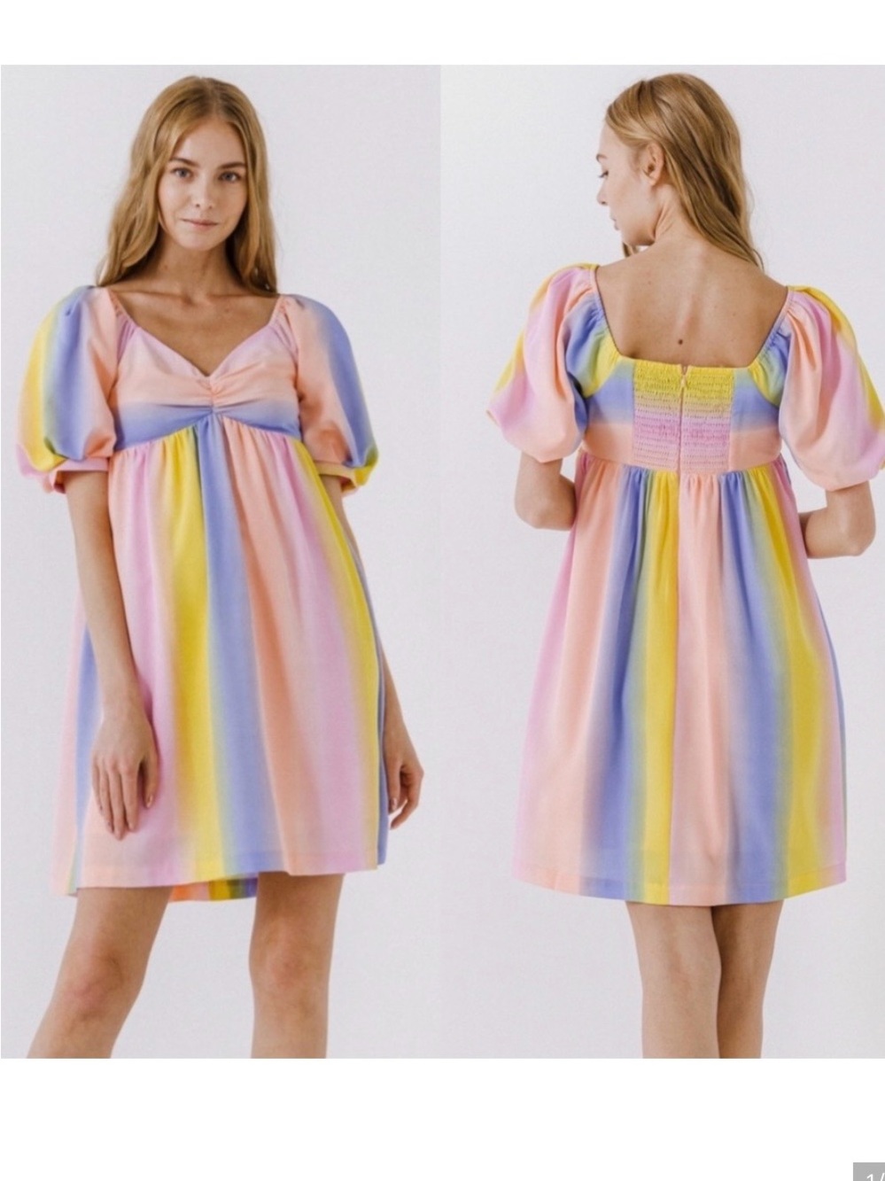 Pastel Rainbow Puff-Sleeve Mini Dress